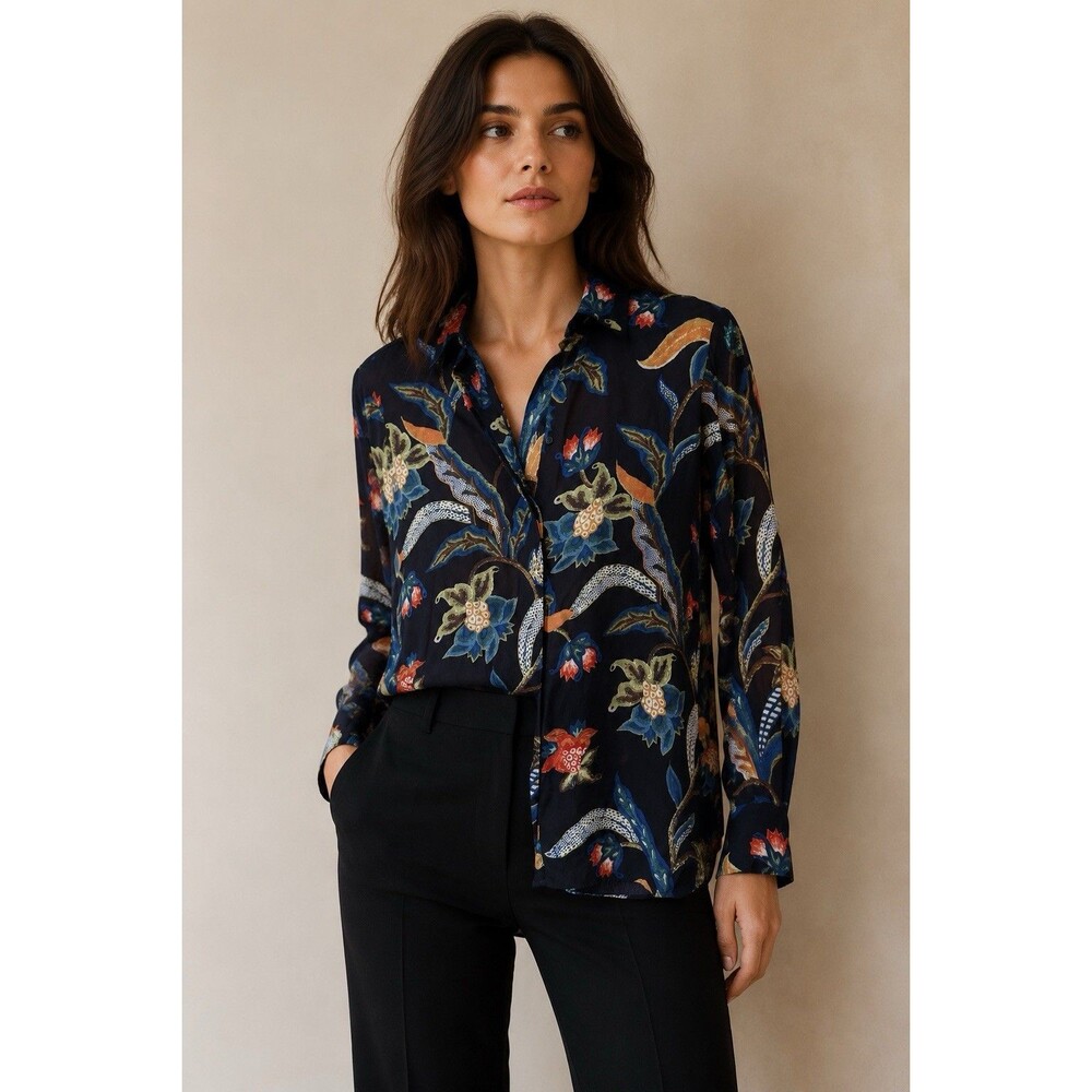 Maje Navy Botanical Floral Concealed Button Long Sleeve Blouse Size 1